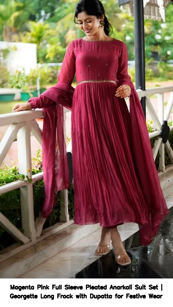 Magenta Pink Full Sleeve Pleated Anarkali Suit Set | Georgette Long Frock with Dupatta for Festive Wear 3