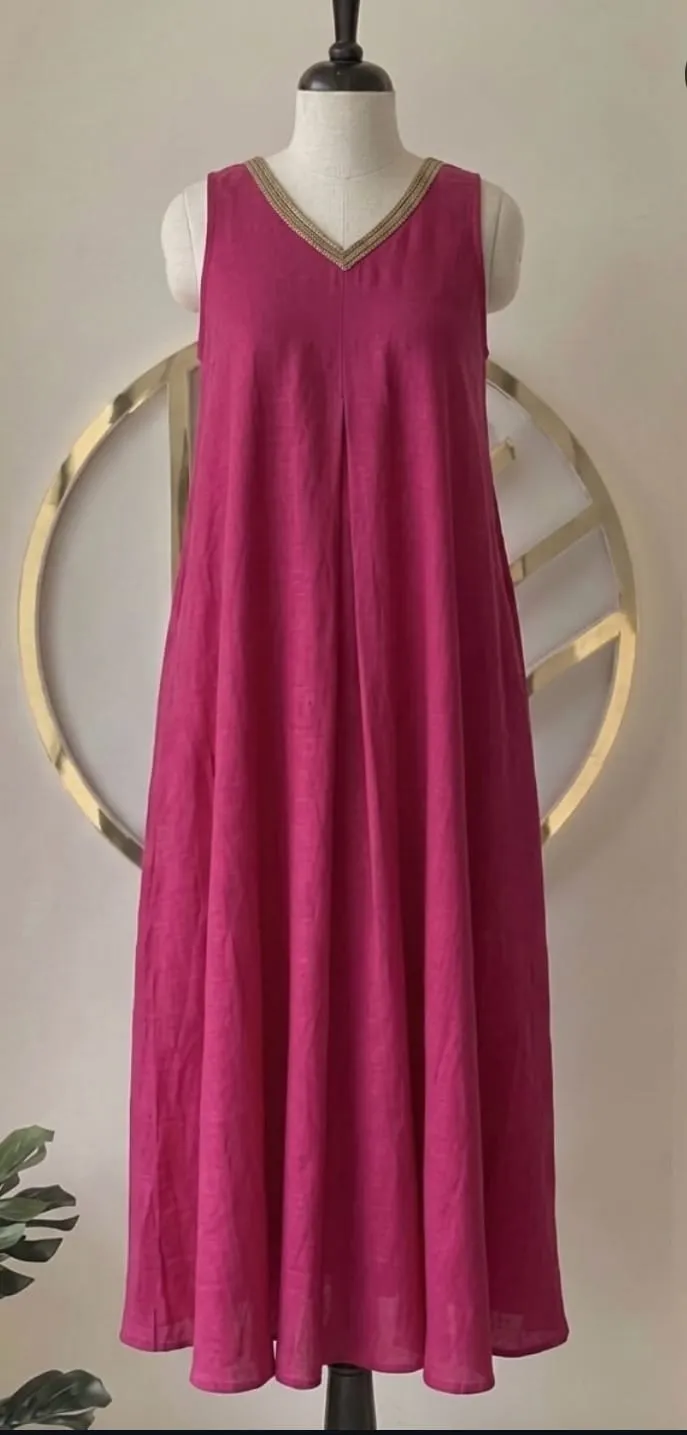 Magenta Pink Raw Silk Sleeveless Long Frock with Gold Zari V-Neck Frame