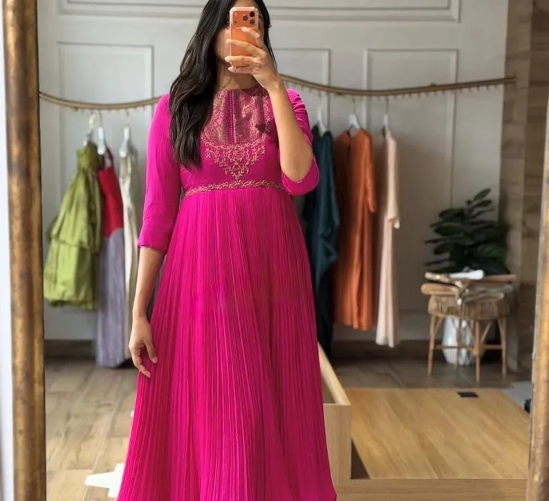 Magenta Pleated Designer Maxi Dress | Ethnic Hand-Embroidered Anarkali Gown | Festive Party Wear for Women