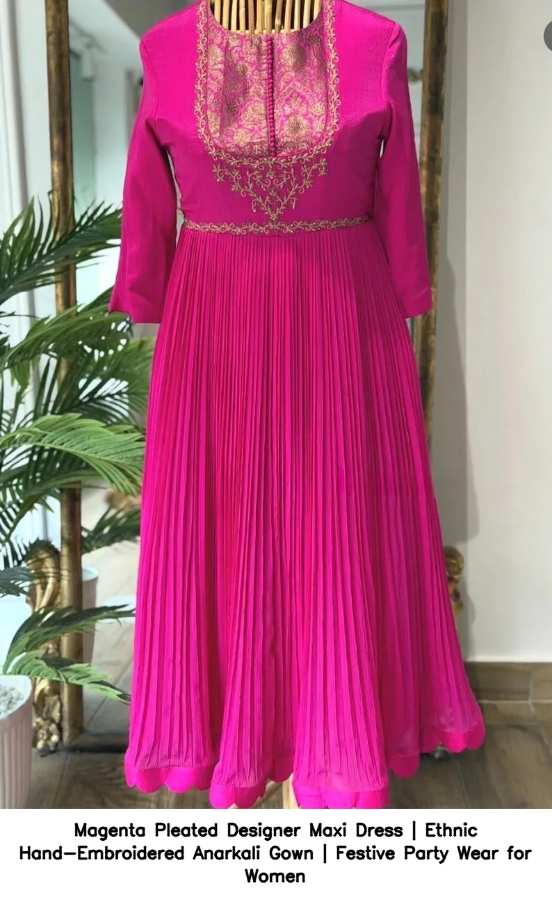 Magenta Pleated Designer Maxi Dress | Ethnic Hand-Embroidered Anarkali Gown | Festive Party Wear for Women 2