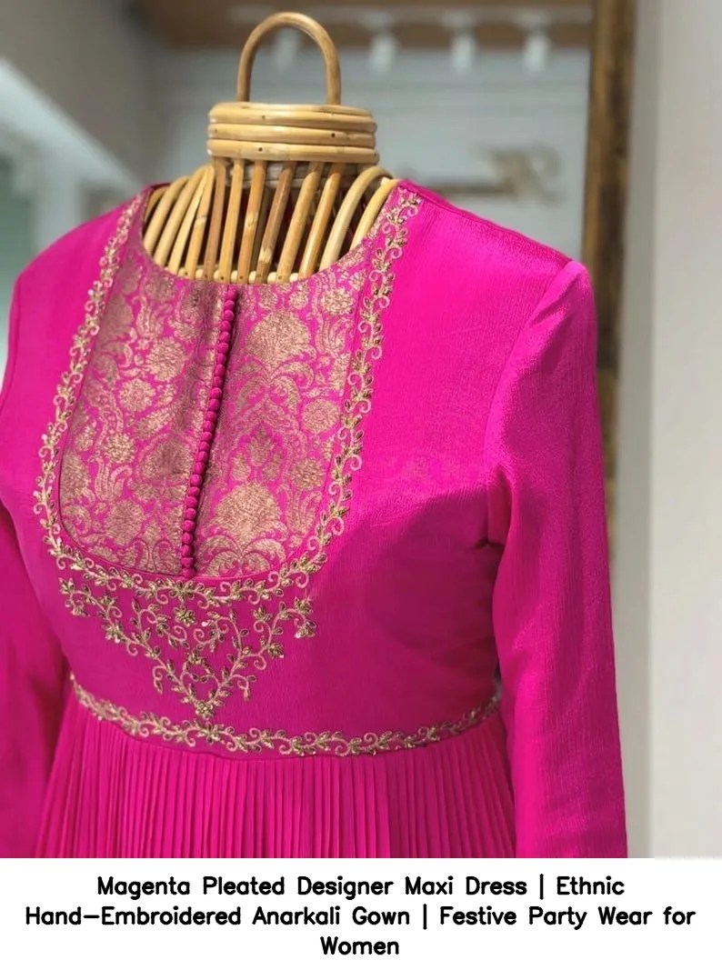 Magenta Pleated Designer Maxi Dress | Ethnic Hand-Embroidered Anarkali Gown | Festive Party Wear for Women 5
