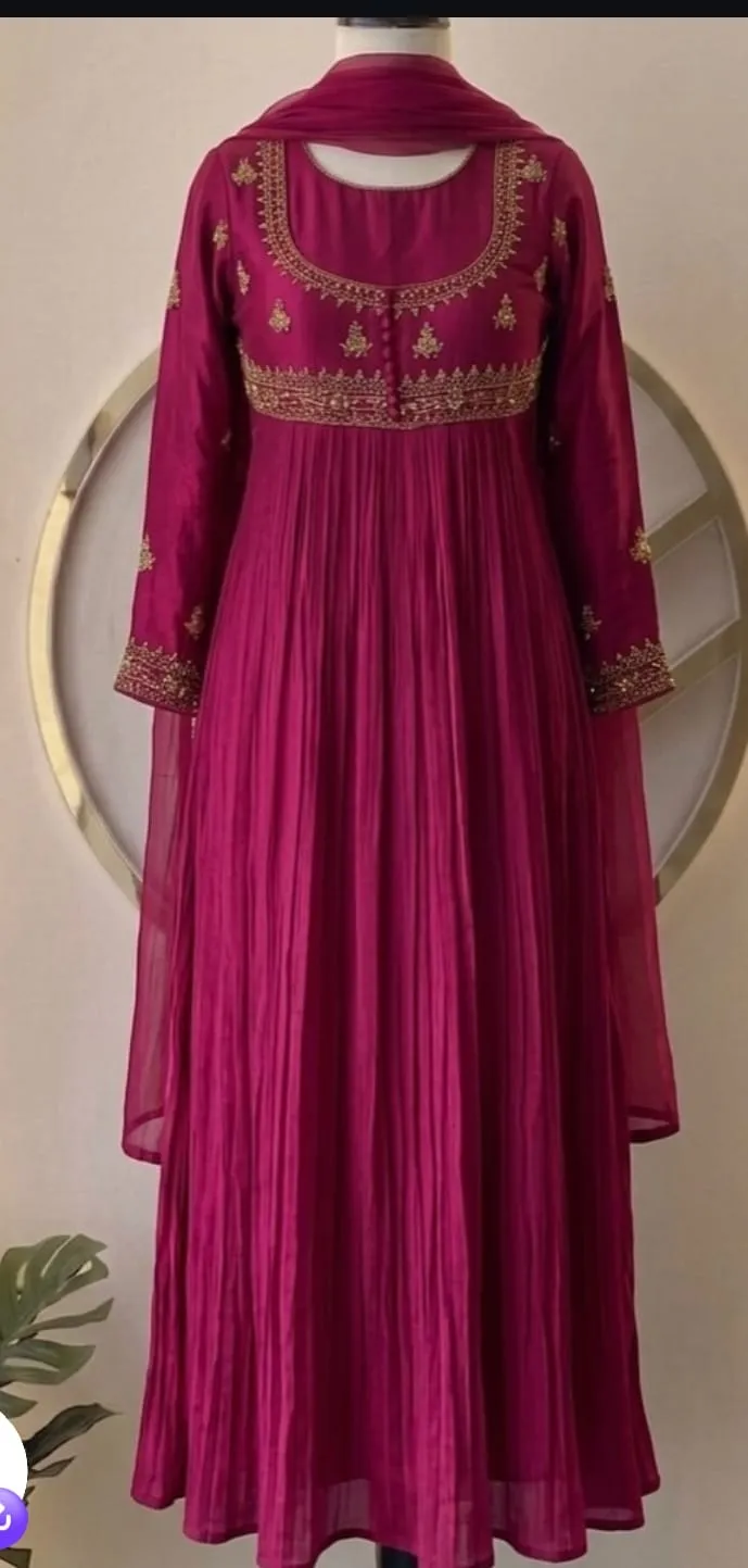 Magenta Pleated Silk Georgette Anarkali Suit - Gold Zardosi Embroidered Yoke Long Frock with Dupatta