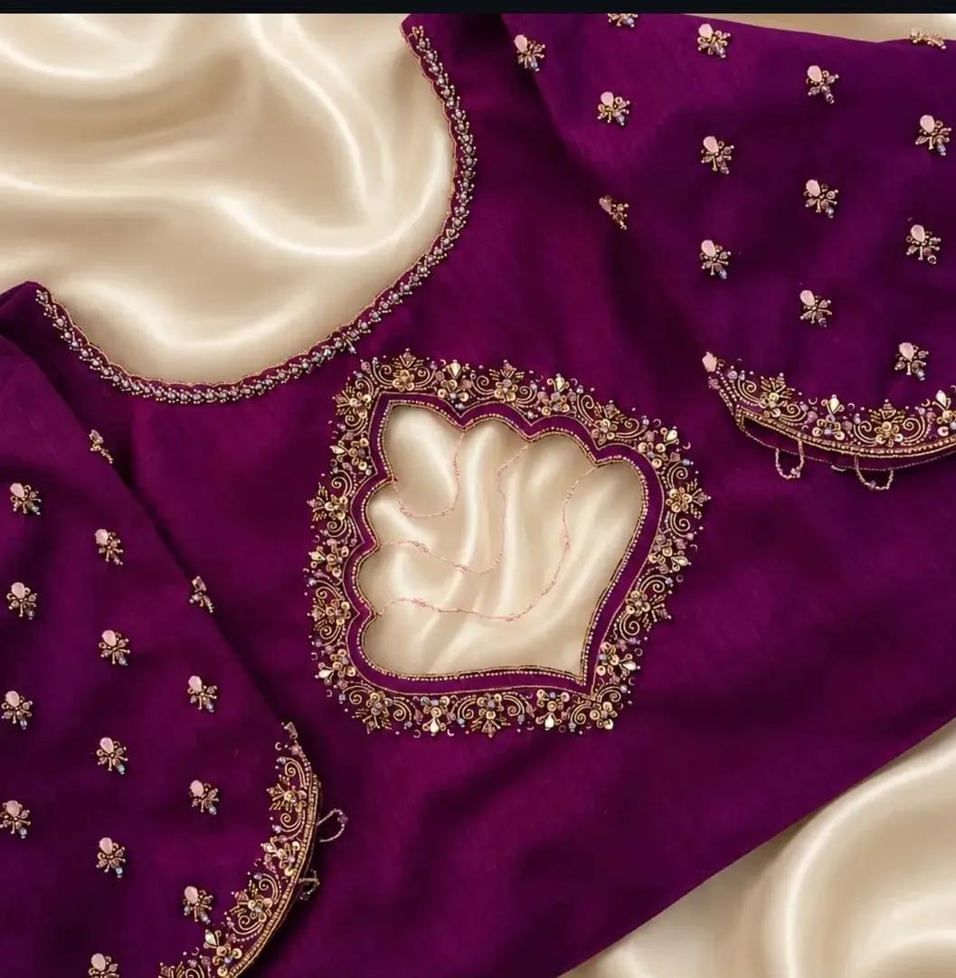 Magenta Purple Lotus Cut-Out Maggam Work Blouse | Handcrafted Silk Bridal Design 1