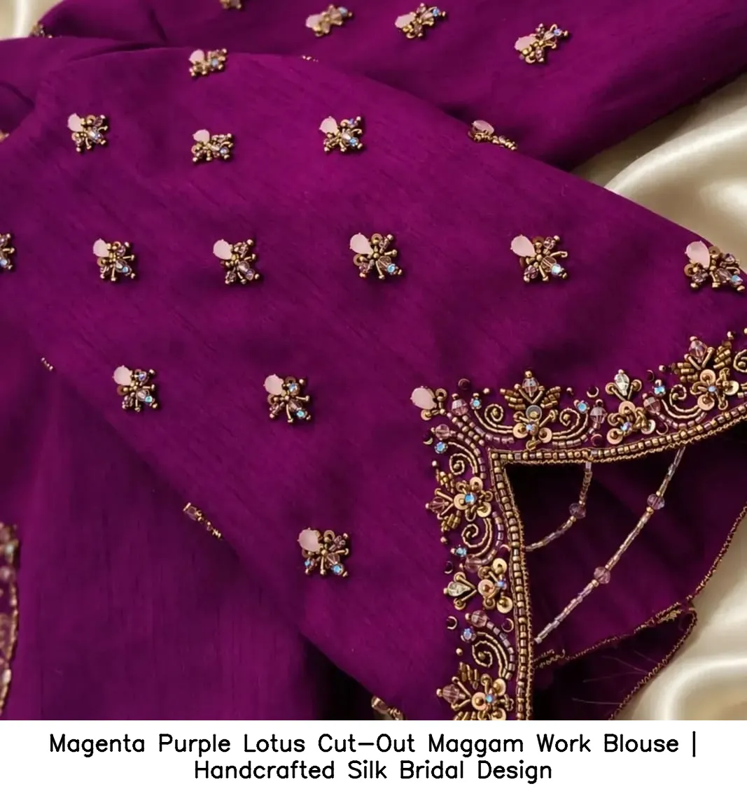 Magenta Purple Lotus Cut-Out Maggam Work Blouse | Handcrafted Silk Bridal Design 2