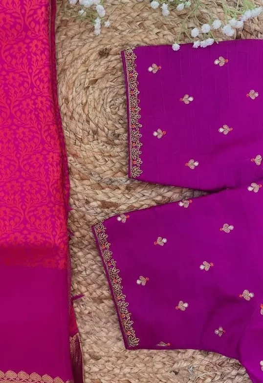 Magenta Purple U-Neck Blouse - Simple Handcrafted Maggam Work Silk Saree Blouse