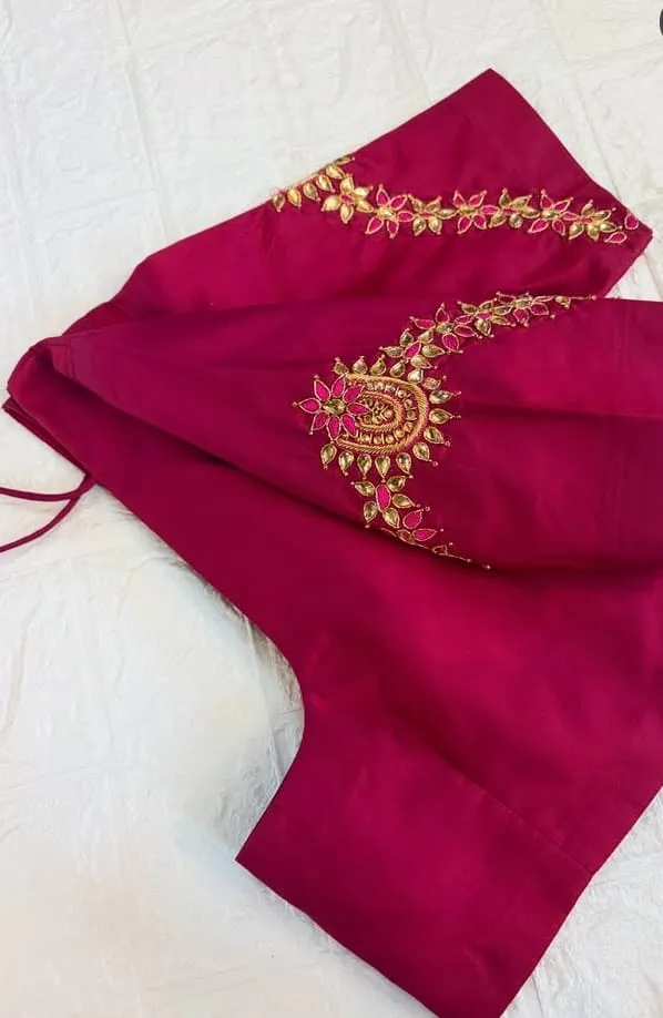 Magenta Raw Silk Aari Work Blouse with Kundan Stone Embroidery | Traditional Gold Thread Handwork Saree Blouse | Readymade Bridal Silk Top 1