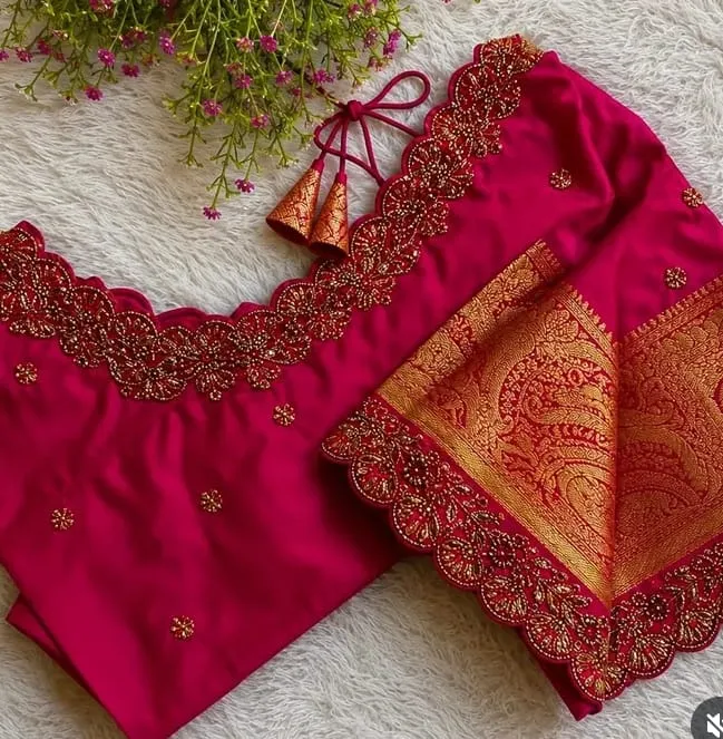 Magenta Raw Silk Blouse with Scalloped Zardosi Cutwork & Gold Zari Brocade Sleeves