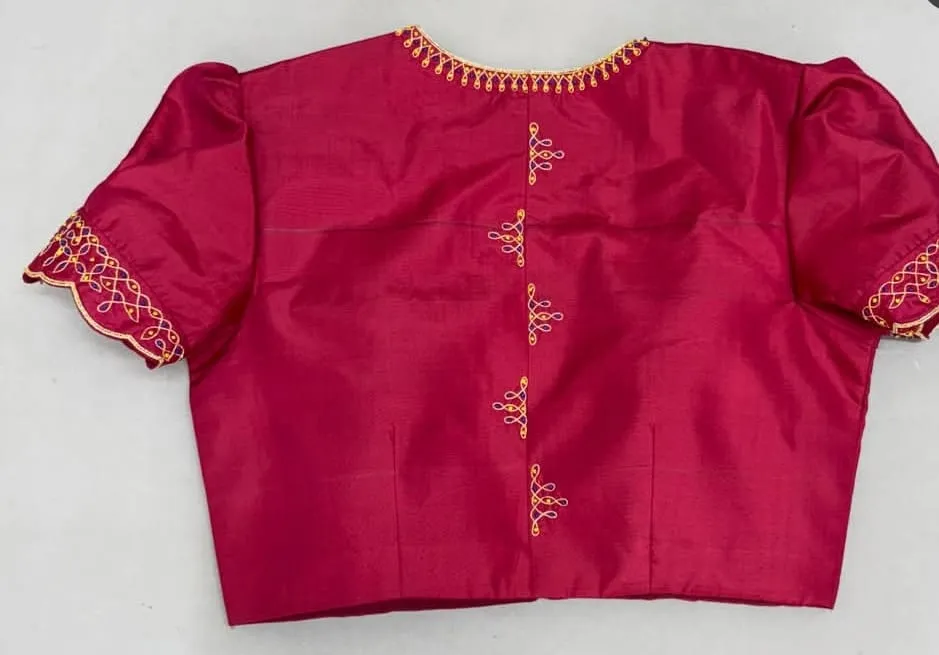 Magenta Raw Silk Kolam Embroidery Saree Blouse - Scalloped Puff Sleeve Muggulu Work Designer Blouse