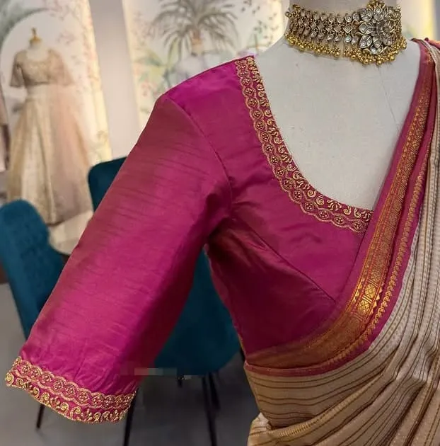 Magenta Raw Silk Saree Blouse with Embroidered Border | Deep V-Cut Back Blouse for Silk Sarees | Readymade Elbow Sleeve Maggam Work Top 1