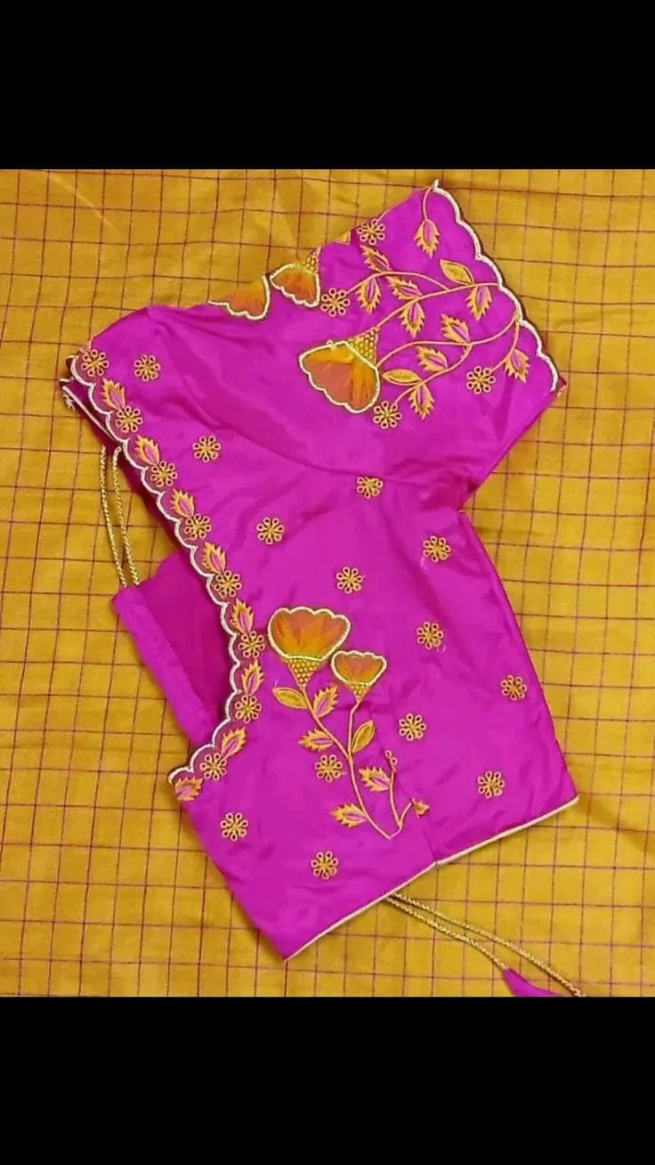 Magenta Silk Blouse with Scallop Cutwork Border & Orange Floral Embroidery