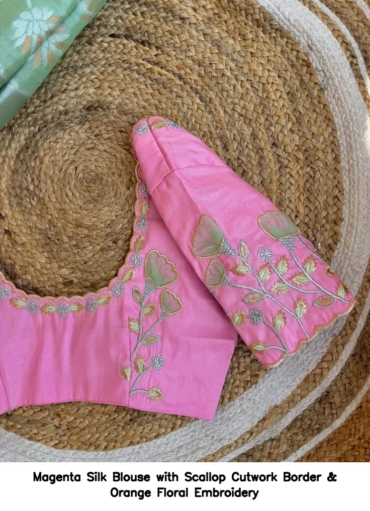 Magenta Silk Blouse with Scallop Cutwork Border & Orange Floral Embroidery 2