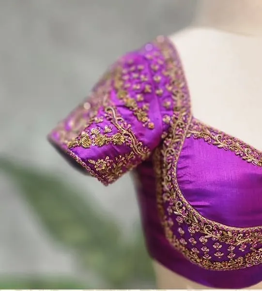 Magenta Silk Bridal Blouse with Peacock Aari Maggam Work & Scallop Cutout Back | Heavy Designer Saree Blouse