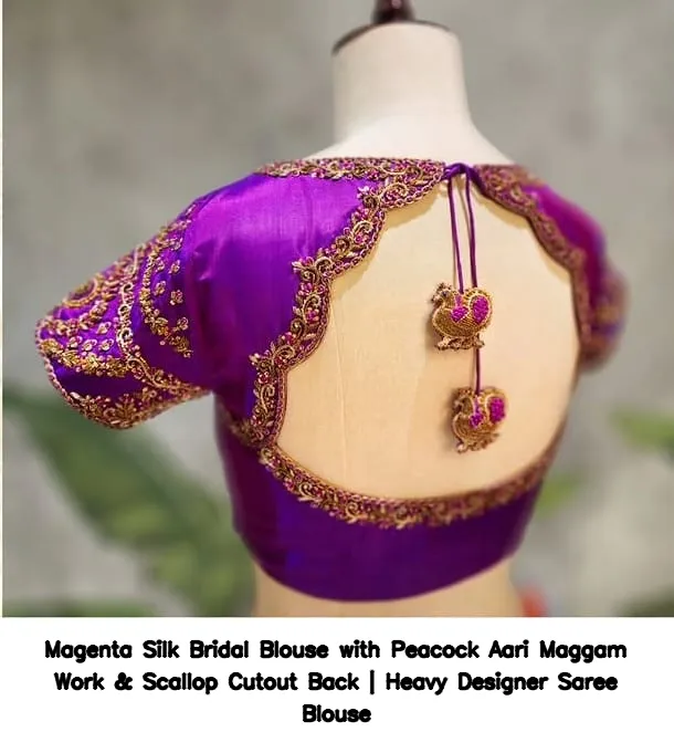Magenta Silk Bridal Blouse with Peacock Aari Maggam Work & Scallop Cutout Back | Heavy Designer Saree Blouse 3
