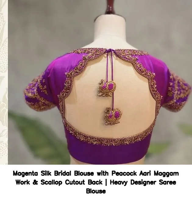 Magenta Silk Bridal Blouse with Peacock Aari Maggam Work & Scallop Cutout Back | Heavy Designer Saree Blouse 4