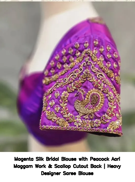 Magenta Silk Bridal Blouse with Peacock Aari Maggam Work & Scallop Cutout Back | Heavy Designer Saree Blouse 5