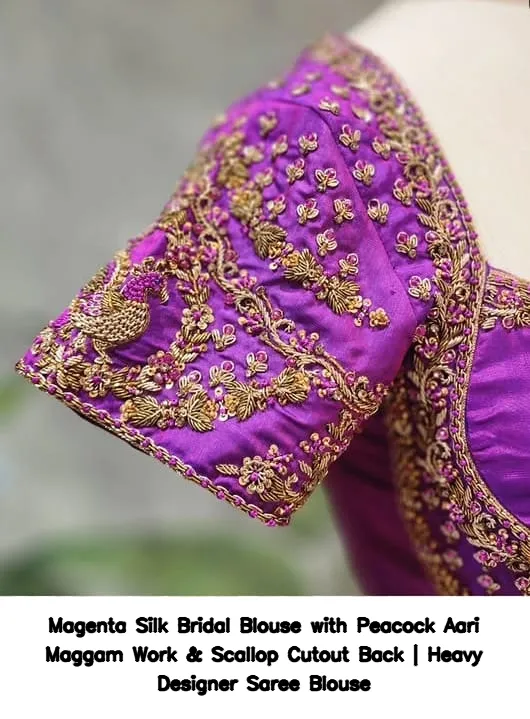 Magenta Silk Bridal Blouse with Peacock Aari Maggam Work & Scallop Cutout Back | Heavy Designer Saree Blouse 6