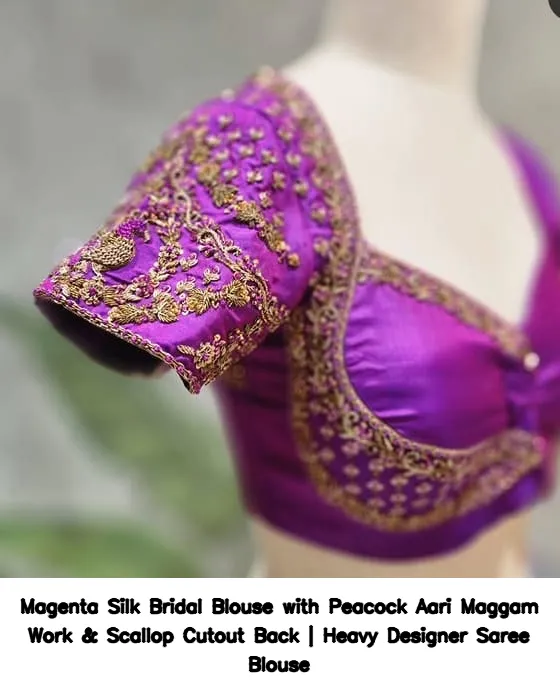Magenta Silk Bridal Blouse with Peacock Aari Maggam Work & Scallop Cutout Back | Heavy Designer Saree Blouse 7