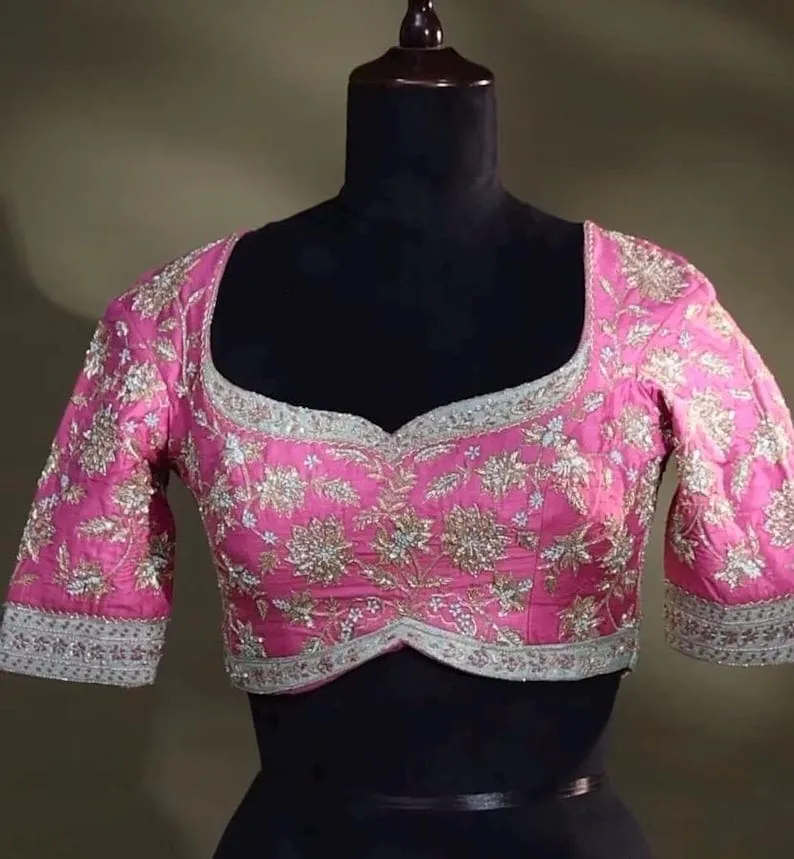 Magenta Silk Designer Blouse | Hand-Embroidered Zardosi Work | Sweetheart Neck Bridal Blouse | Festive Ethnic Wear 1