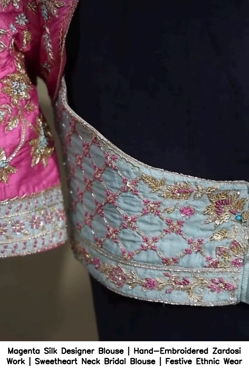 Magenta Silk Designer Blouse | Hand-Embroidered Zardosi Work | Sweetheart Neck Bridal Blouse | Festive Ethnic Wear 2