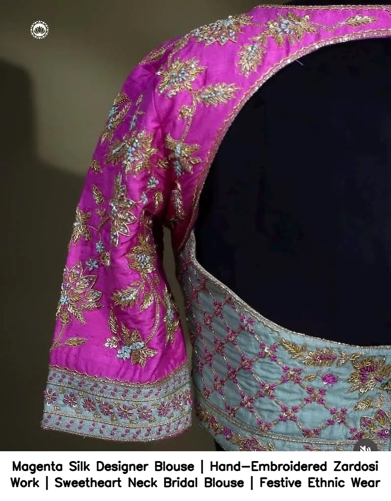 Magenta Silk Designer Blouse | Hand-Embroidered Zardosi Work | Sweetheart Neck Bridal Blouse | Festive Ethnic Wear 4