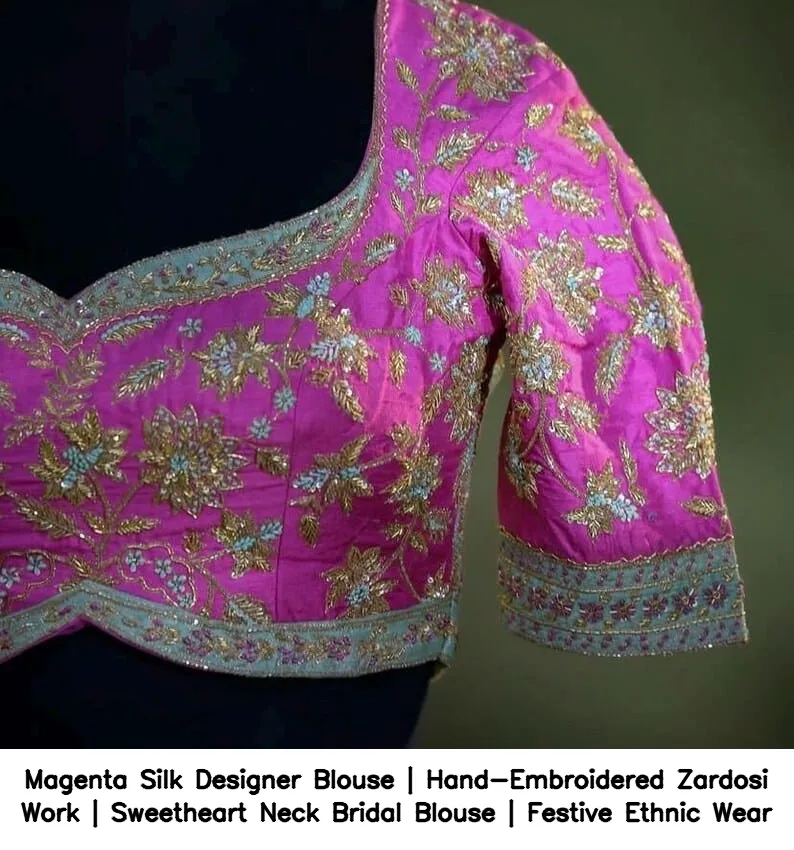 Magenta Silk Designer Blouse | Hand-Embroidered Zardosi Work | Sweetheart Neck Bridal Blouse | Festive Ethnic Wear 5