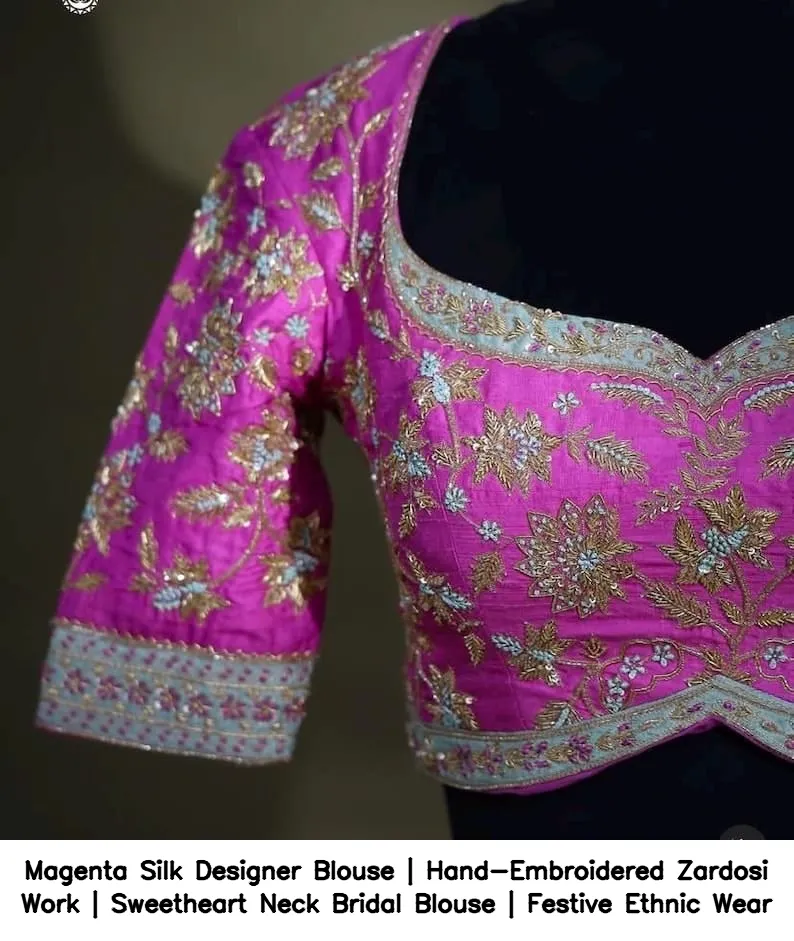 Magenta Silk Designer Blouse | Hand-Embroidered Zardosi Work | Sweetheart Neck Bridal Blouse | Festive Ethnic Wear 6