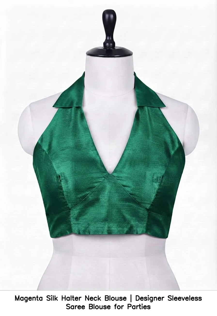 Magenta Silk Halter Neck Blouse | Designer Sleeveless Saree Blouse for Parties 3