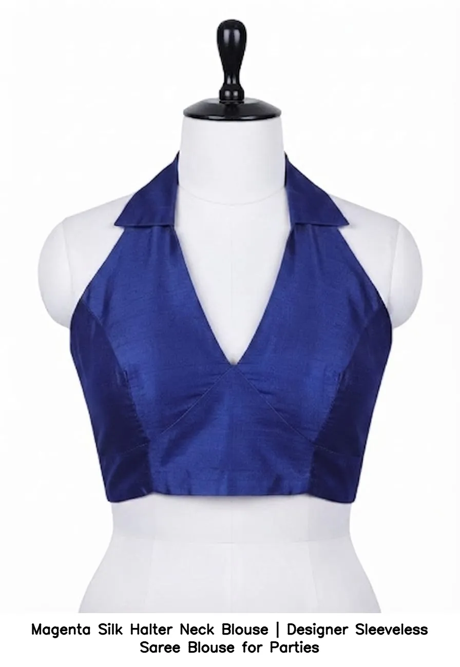 Magenta Silk Halter Neck Blouse | Designer Sleeveless Saree Blouse for Parties 5