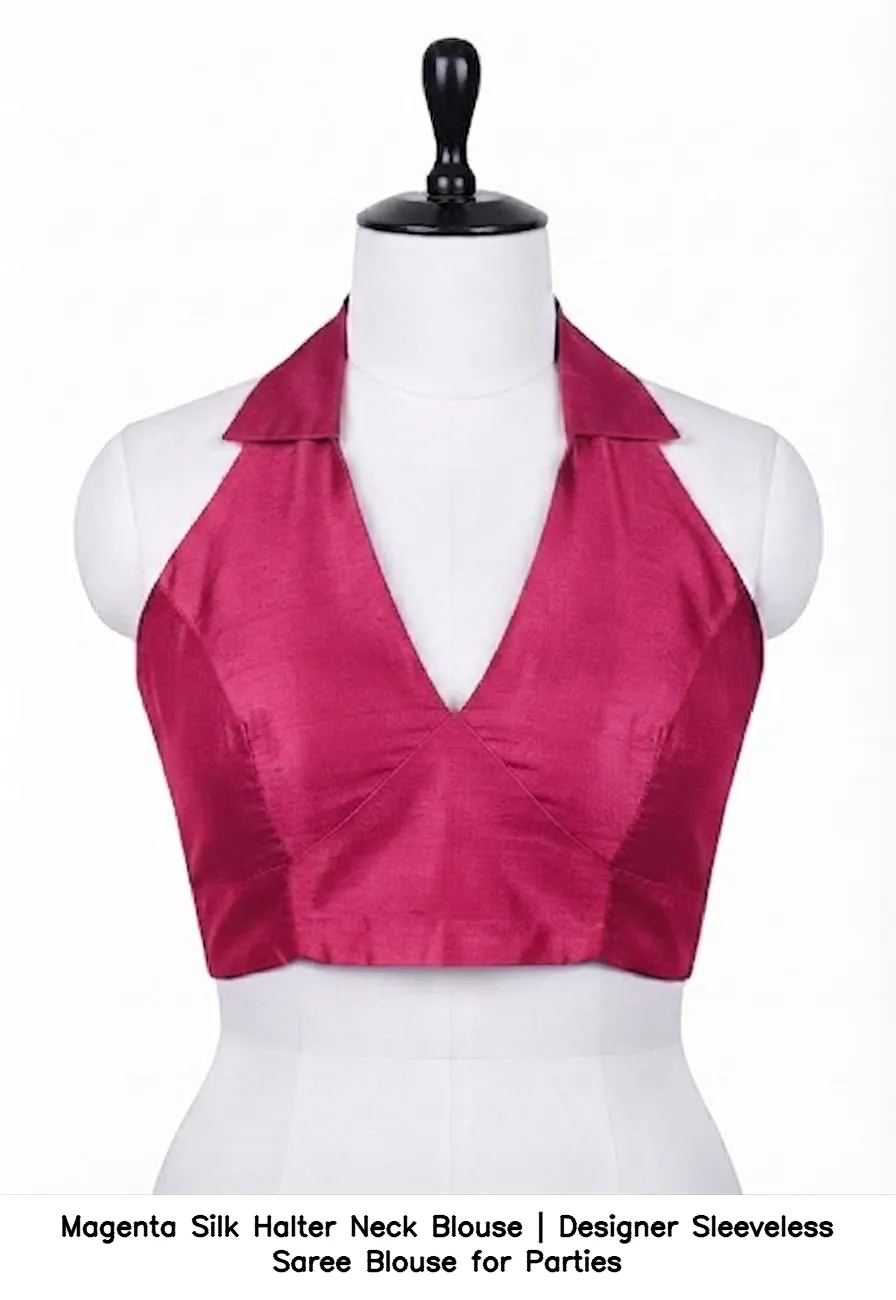 Magenta Silk Halter Neck Blouse | Designer Sleeveless Saree Blouse for Parties 7