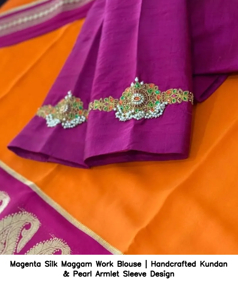 Magenta Silk Maggam Work Blouse | Handcrafted Kundan & Pearl Armlet Sleeve Design 3