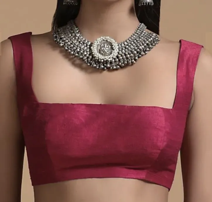 Magenta Square Neck Saree Blouse | Readymade Sleeveless Choli 1