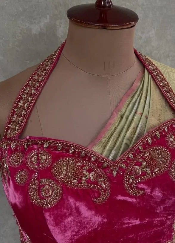 Magenta Velvet Corset Halter Blouse with Zardosi Paisley Embroidery