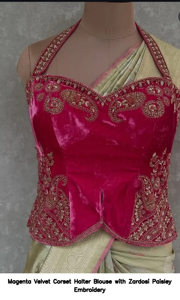 Magenta Velvet Corset Halter Blouse with Zardosi Paisley Embroidery 2