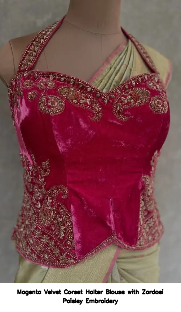 Magenta Velvet Corset Halter Blouse with Zardosi Paisley Embroidery 3