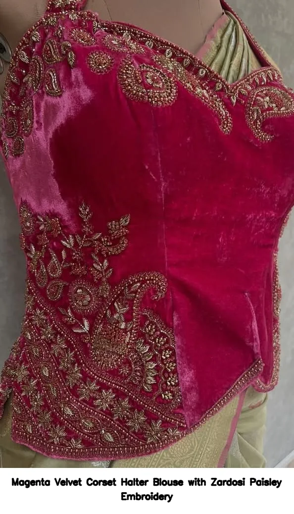 Magenta Velvet Corset Halter Blouse with Zardosi Paisley Embroidery 4