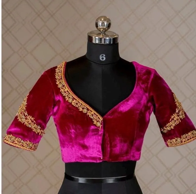 Magenta Velvet Saree Blouse with Gold Zardosi Border | Deep Round Back Hand Embroidered Velvet Blouse