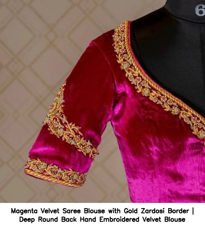Magenta Velvet Saree Blouse with Gold Zardosi Border | Deep Round Back Hand Embroidered Velvet Blouse 3
