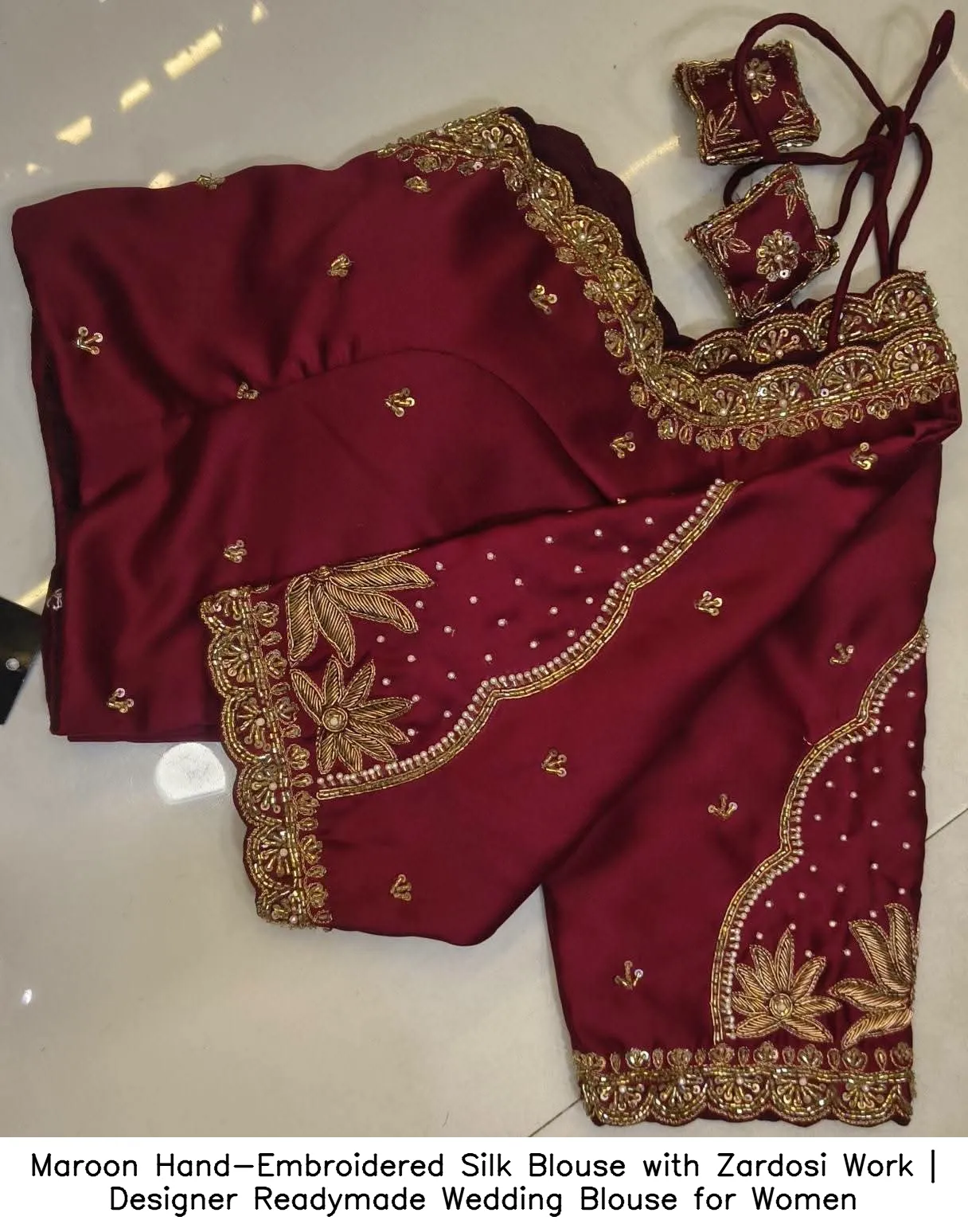 Maroon Hand-Embroidered Silk Blouse with Zardosi Work | Designer Readymade Wedding Blouse for Women 2
