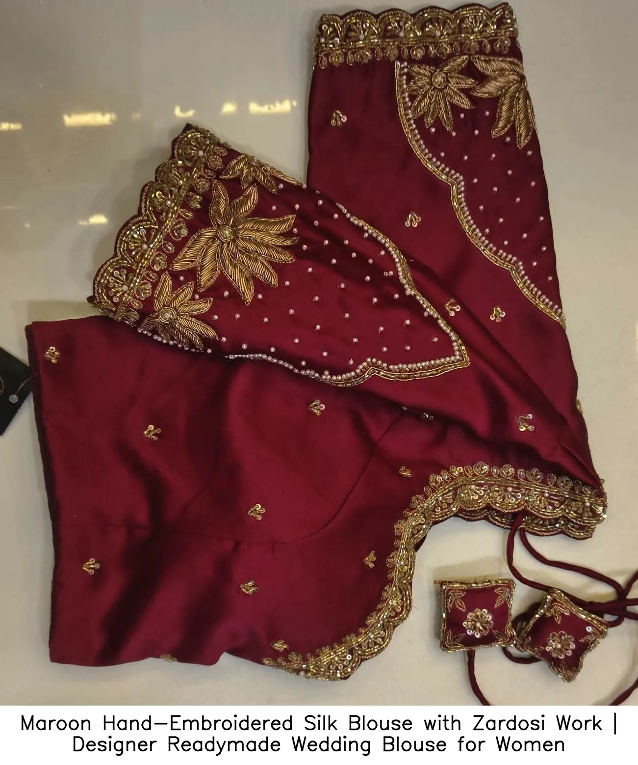 Maroon Hand-Embroidered Silk Blouse with Zardosi Work | Designer Readymade Wedding Blouse for Women 4