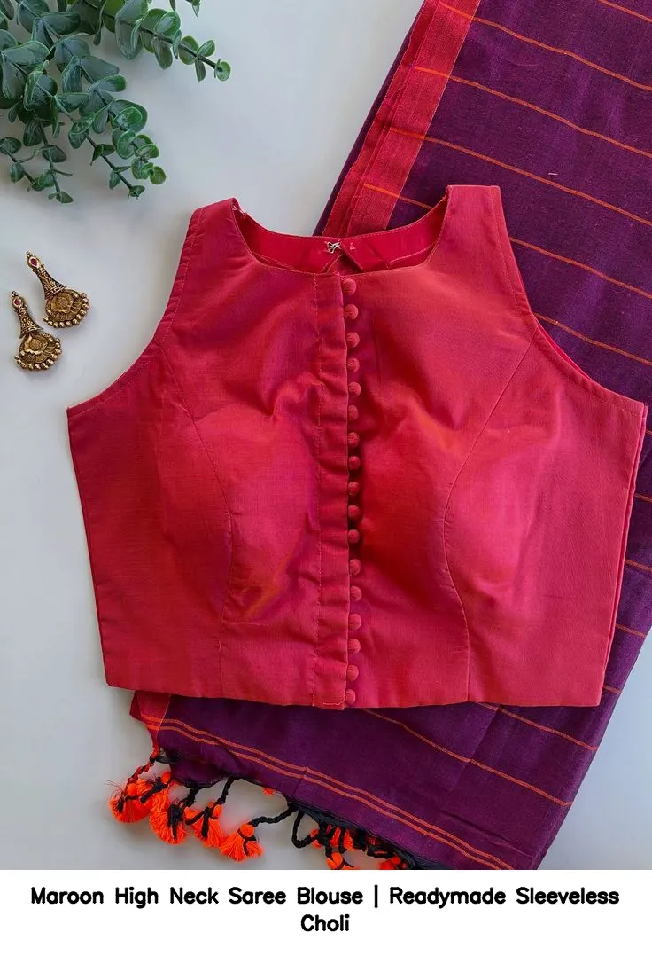 Maroon High Neck Saree Blouse | Readymade Sleeveless Choli 2