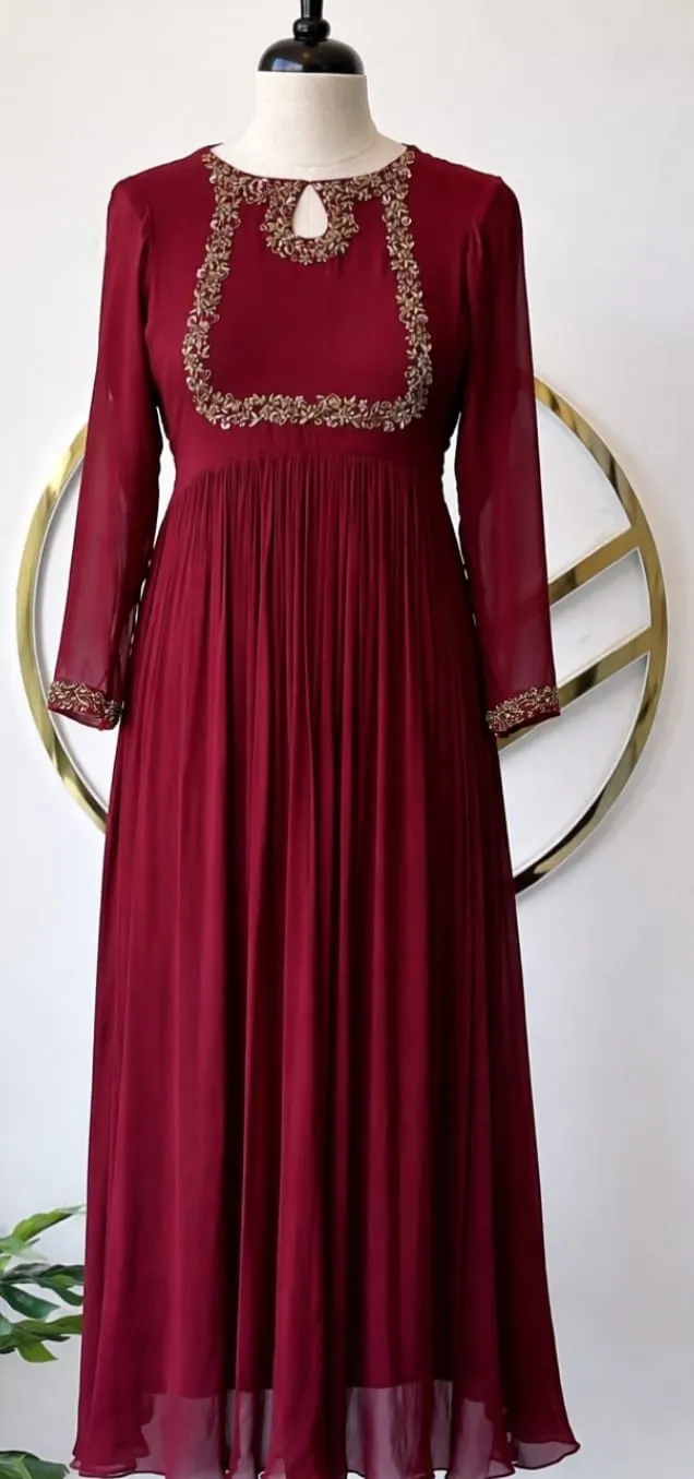 Maroon Micro-Pleated Georgette Gown with Keyhole Neck Embroidery & Full Sleeves
