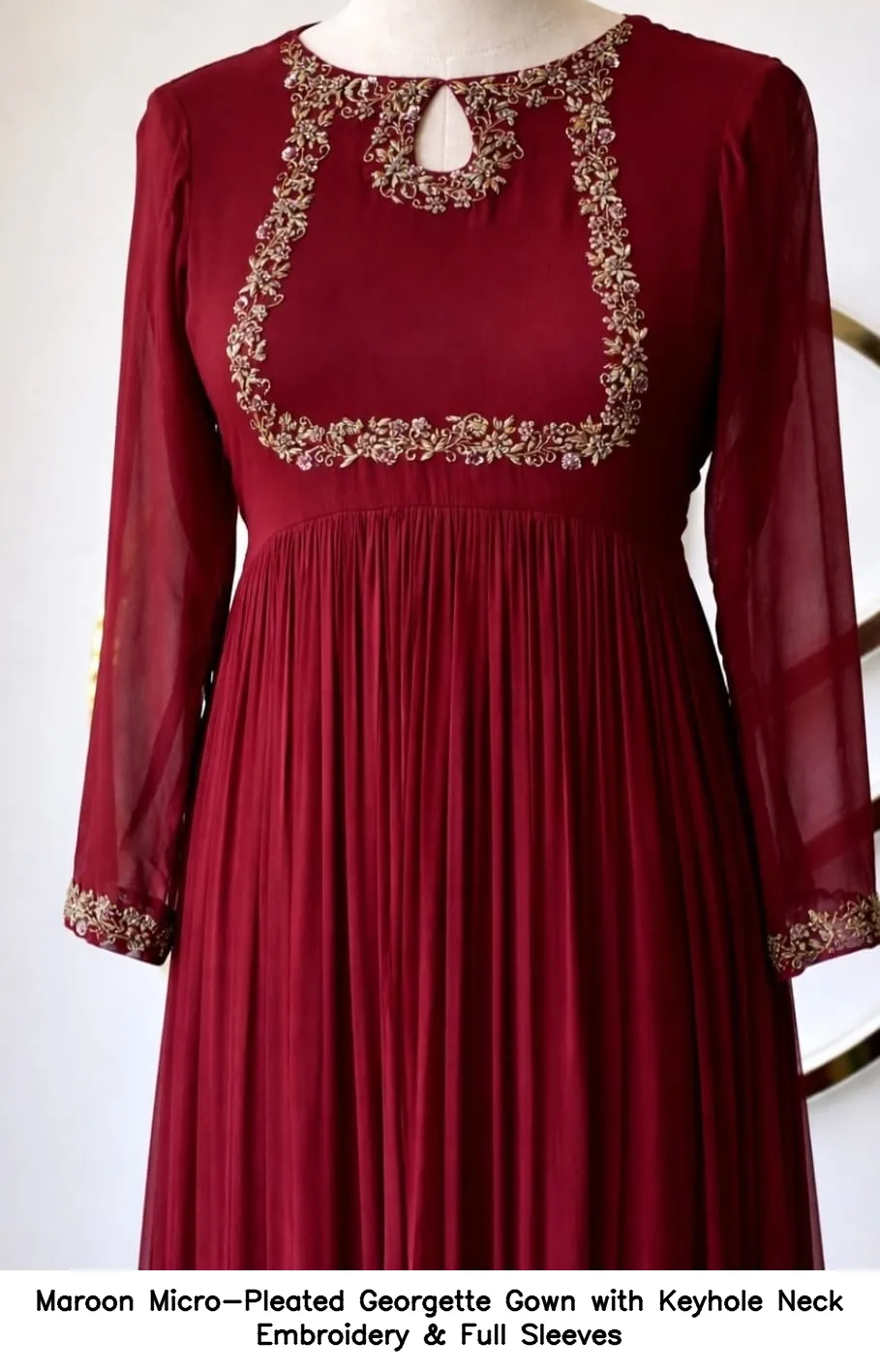 Maroon Micro-Pleated Georgette Gown with Keyhole Neck Embroidery & Full Sleeves 2