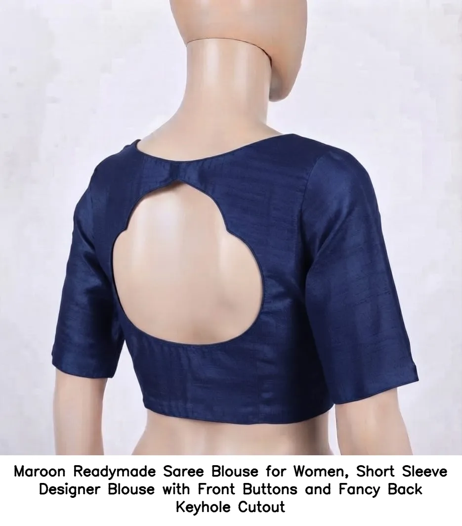 Maroon Readymade Saree Blouse for Women, Short Sleeve Designer Blouse with Front Buttons and Fancy Back Keyhole Cutout 4