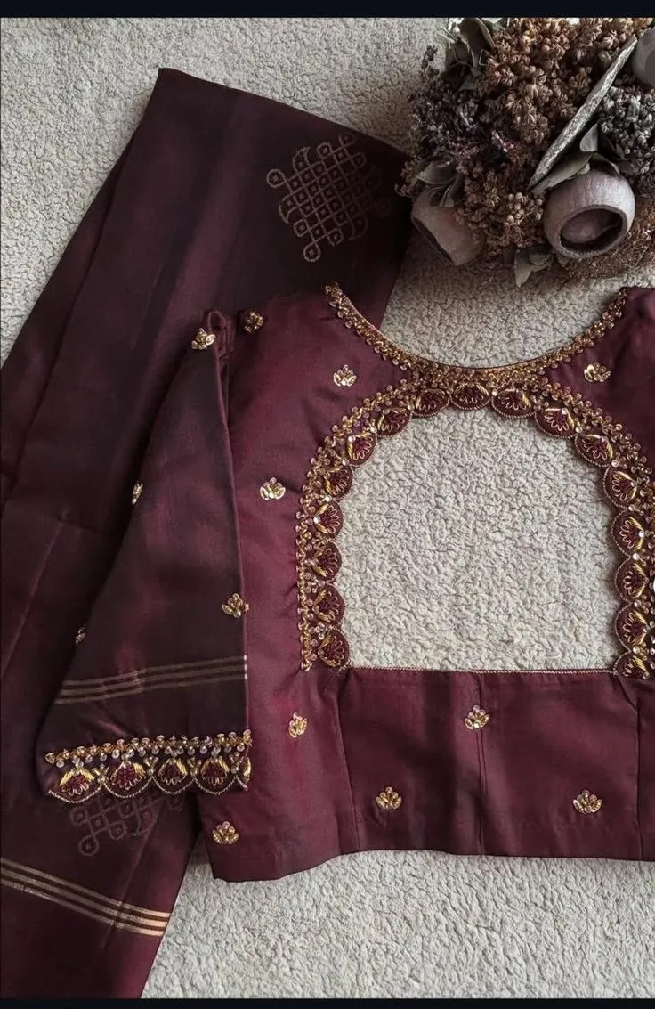 Maroon Silk Embroidered Saree Blouse – Designer Hand-Work Blouse with Deep Back Neck for Wedding & Festive Wear