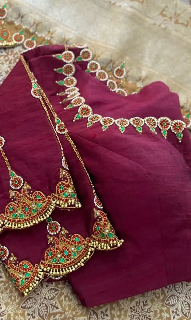 Maroon Silk Kemp Work Maggam Blouse - Peacock Motif Bridal Aari Embroidered Saree Blouse