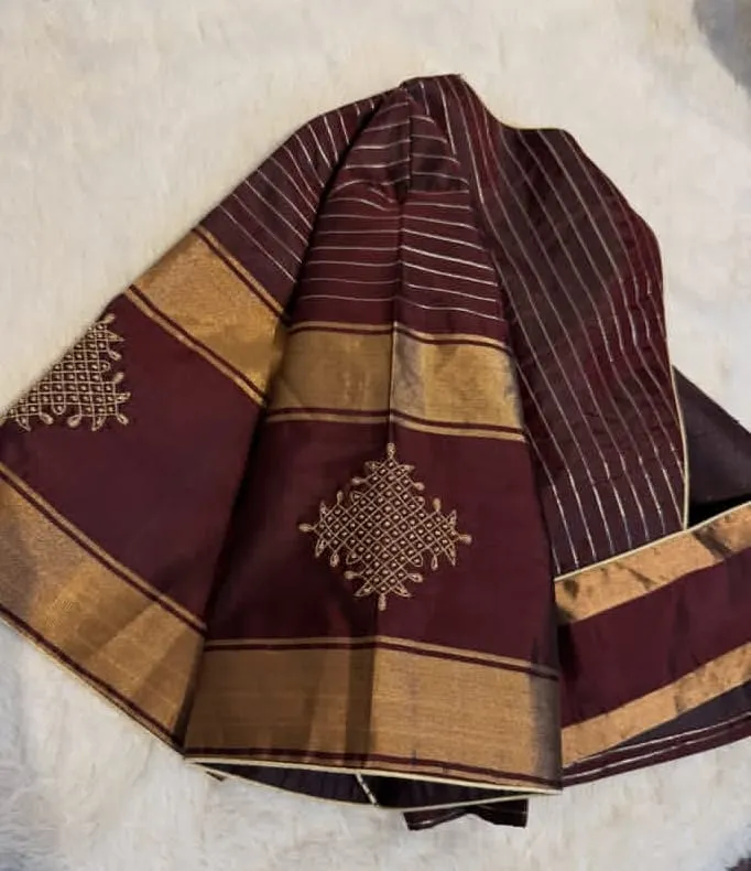 Maroon Silk Saree Blouse with Kasuti Embroidery & Gold Zari Border | Readymade Ethnic Blouse
