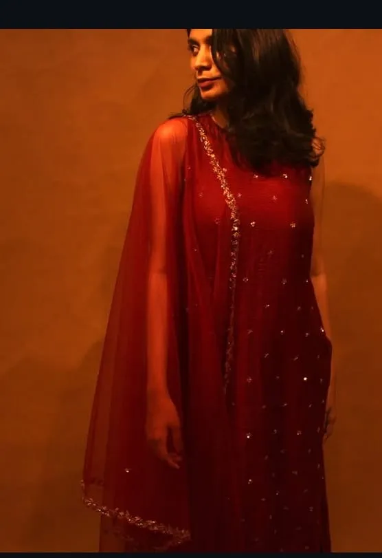 Maroon Sleeveless Kurta Set with Embellished Net Dupatta | Elegant Red Silk Straight Suit for Partywear