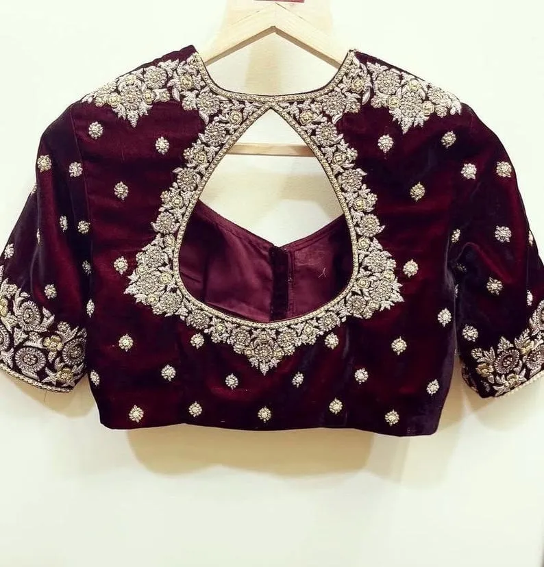 Maroon Velvet Designer Blouse with Heavy Zardosi Work