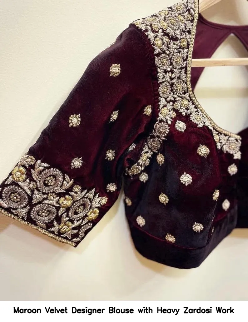 Maroon Velvet Designer Blouse with Heavy Zardosi Work 2