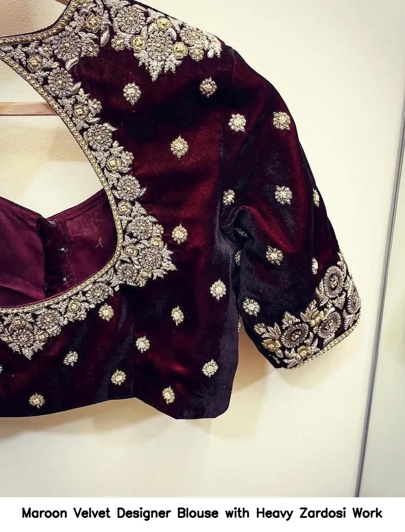 Maroon Velvet Designer Blouse with Heavy Zardosi Work 3